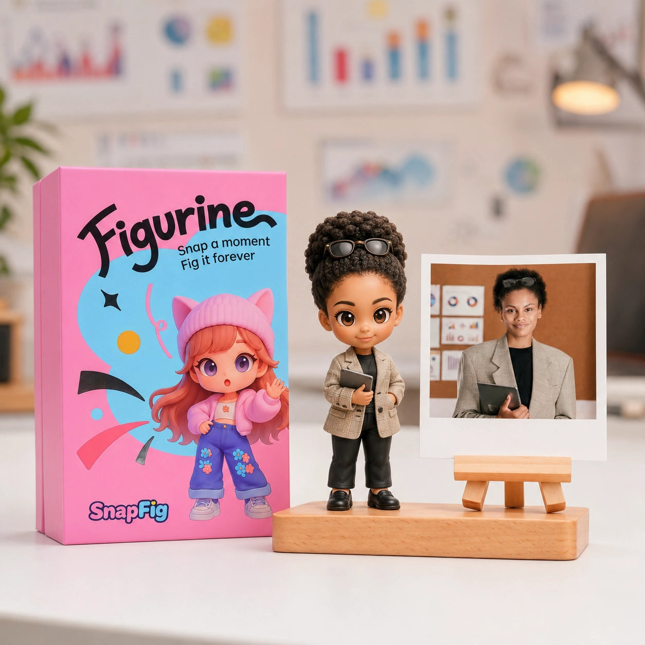 Figurine with packaging and a photo stand on a desk