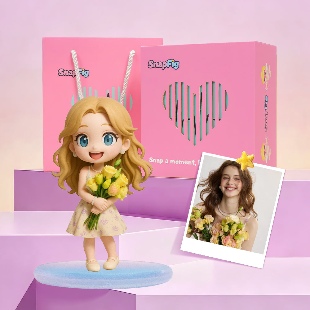 custom photo figurine displayed inside a themed miniature storefront scene, showing the complete desktop art set ready to present