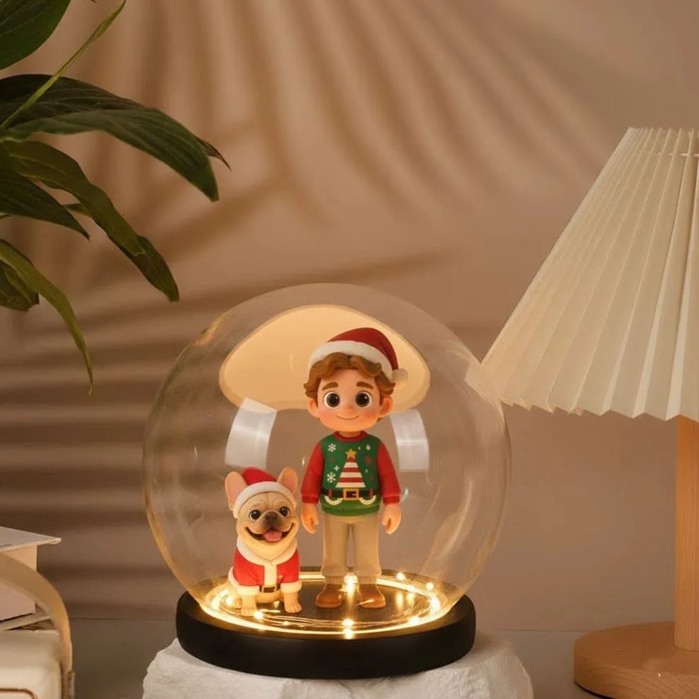 Decorative lamp with a character and dog inside a glass dome on a beige background
