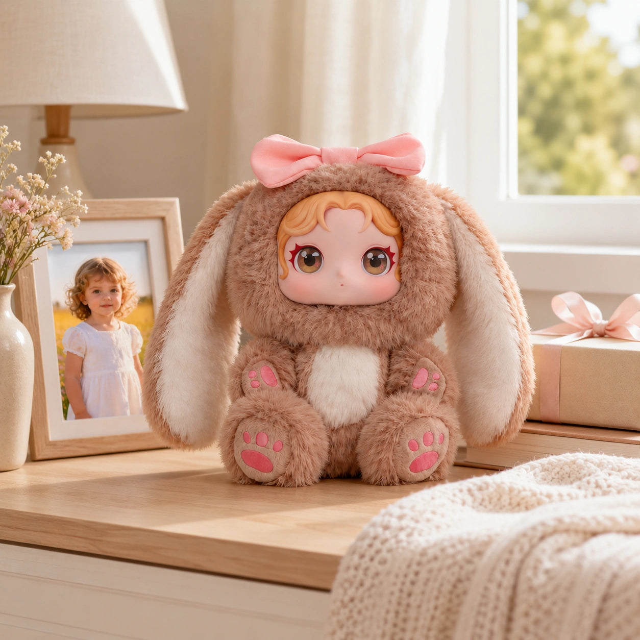 A personalized plush doll sitting on a wooden nightstand beside a framed photo in a softly lit bedroom.