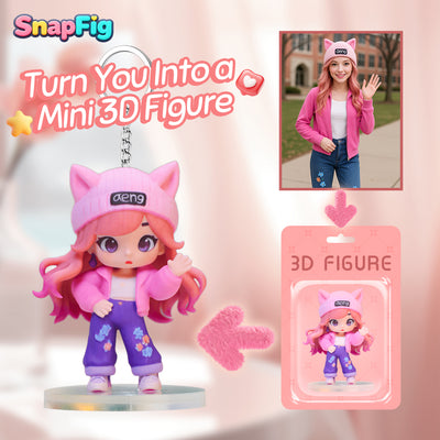 3D figure with pink hat and outfit, packaging, and person wearing a similar outfit.