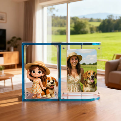 Two photo frames with illustrations of a girl and a dog, and a real-life photo of a girl and a dog in a living room.