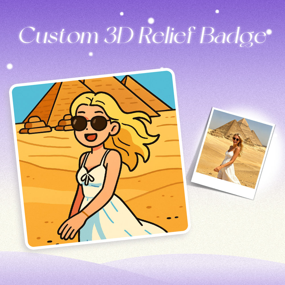 Vacation memory badge featuring a full-color printed group photo with 3D texture