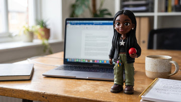 Custom 3D printed figurine of an employee on an office desk beside a laptop, made from one photo in a bulk order
