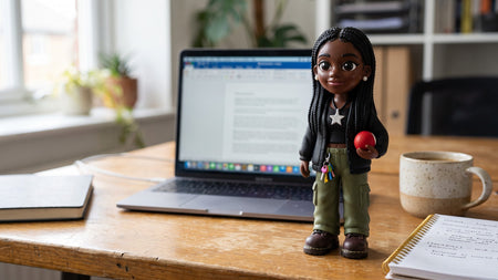 Custom 3D printed figurine of an employee on an office desk beside a laptop, made from one photo in a bulk order