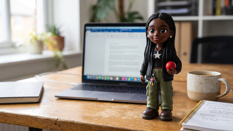 Custom 3D printed figurine of an employee on an office desk beside a laptop, made from one photo in a bulk order