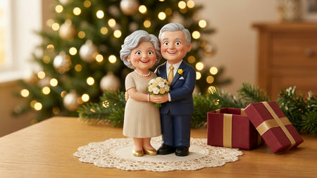 Custom 3D printed couple figurine of an elderly couple on a lace doily beside an open Christmas gift and tree