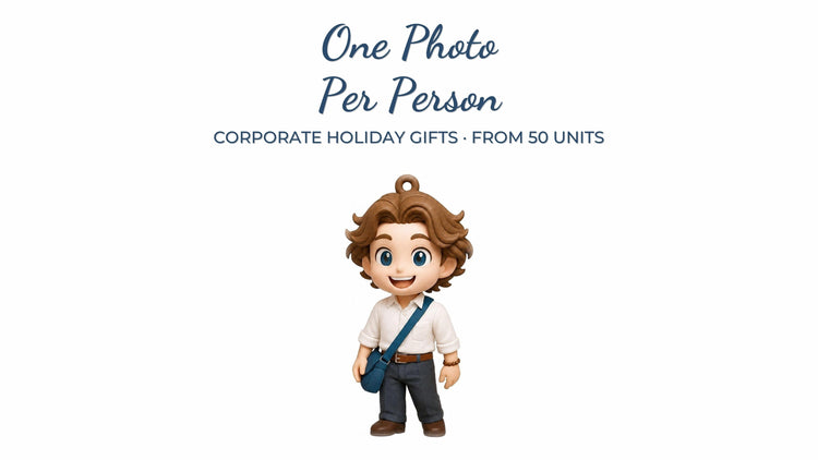 Row of custom 3D printed figurine keychains for corporate holiday gifts, each personalized from a different employee photo