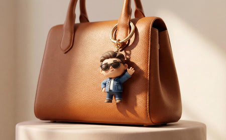 A trendy designer handbag featuring a custom 3D mini-me resin bag charm attached to the strap.