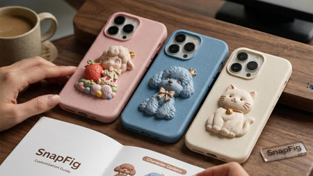 A close-up of a hand holding a custom 3D embossed phone case featuring a tactile dog portrait.