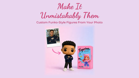 Custom 3D Funko-style figure handcrafted from a photo, displayed beside the original picture and SnapFig collectible box