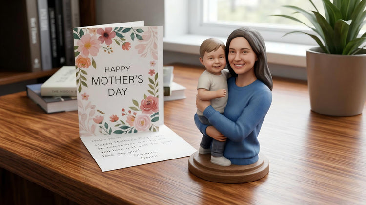 A beautiful custom 3D figurine of a mother holding a child, displayed on a wooden desk next to a Mother's Day card