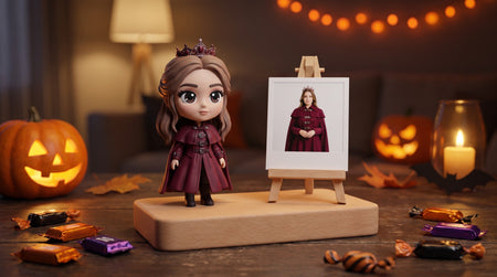 Custom 3D printed figurine of a Halloween costume displayed on a shelf beside the original photo