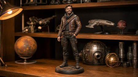 Realistic custom 3D printed figurine of a man styled as a rugged space adventurer, a photo to figurine keepsake displayed on a fan's collectible shelf