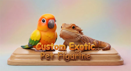 Custom 3D printed resin figurines of a parrot, iguana, and rabbit next to their original reference photos.