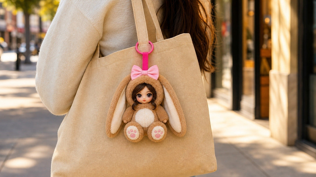 Custom face plush keychain hanging as a personalized bag charm on a beige tote bag in the city