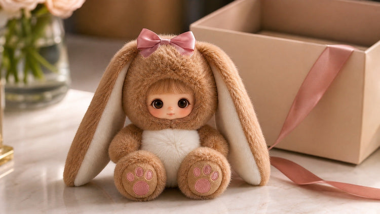 Custom plush doll from photo emerging from a premium gift box, a personalized keepsake gift for the person who has everything