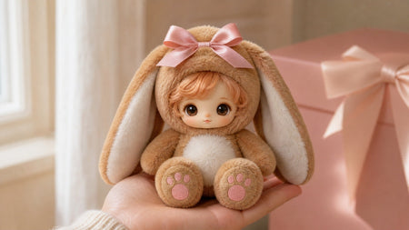 Custom plush doll from photo with a hand-finished face, a personalized stuffed keepsake held in a palm beside a premium gift box