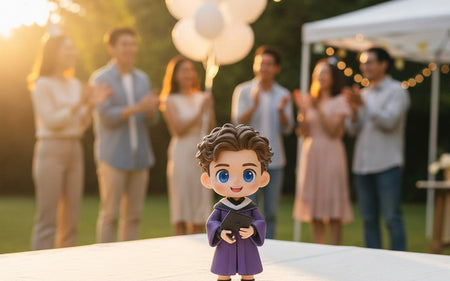 Custom 3D printed graduation figurine displayed at a backyard Class of 2026 celebration in warm sunset light