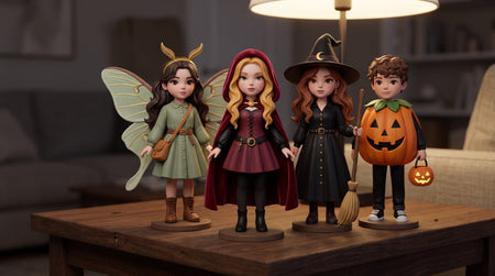 Four custom 3D printed figurines in moth, gothic cape, witch and pumpkin Halloween costumes grouped on a wooden table