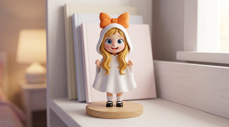Custom 3D printed Halloween ghost figurine for kids handcrafted from a photo, displayed on a child's bedroom shelf