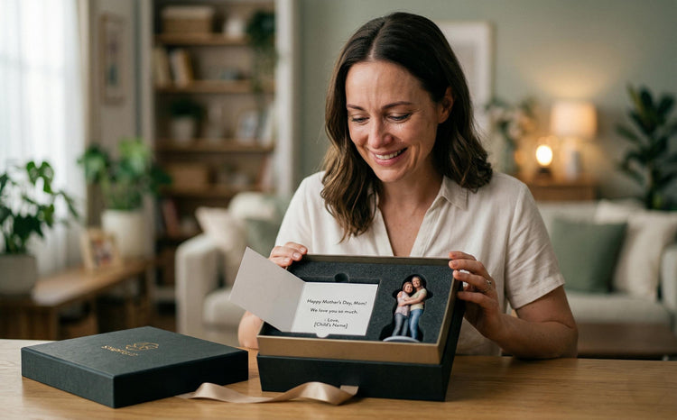 A mother smiling as she opens a premium gift box containing a heartfelt Mother's Day card and a custom SnapFig 3D figurine