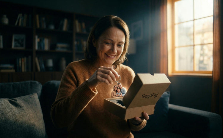 Mother smiling warmly while opening a premium SnapFig gift box revealing a custom 3D photo keychain