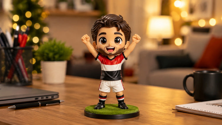 Personalized 3D printed soccer figurine handcrafted from a photo, wearing a red national team kit, displayed on an office desk