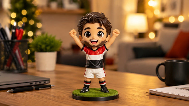 Personalized 3D printed soccer figurine handcrafted from a photo, wearing a red national team kit, displayed on an office desk