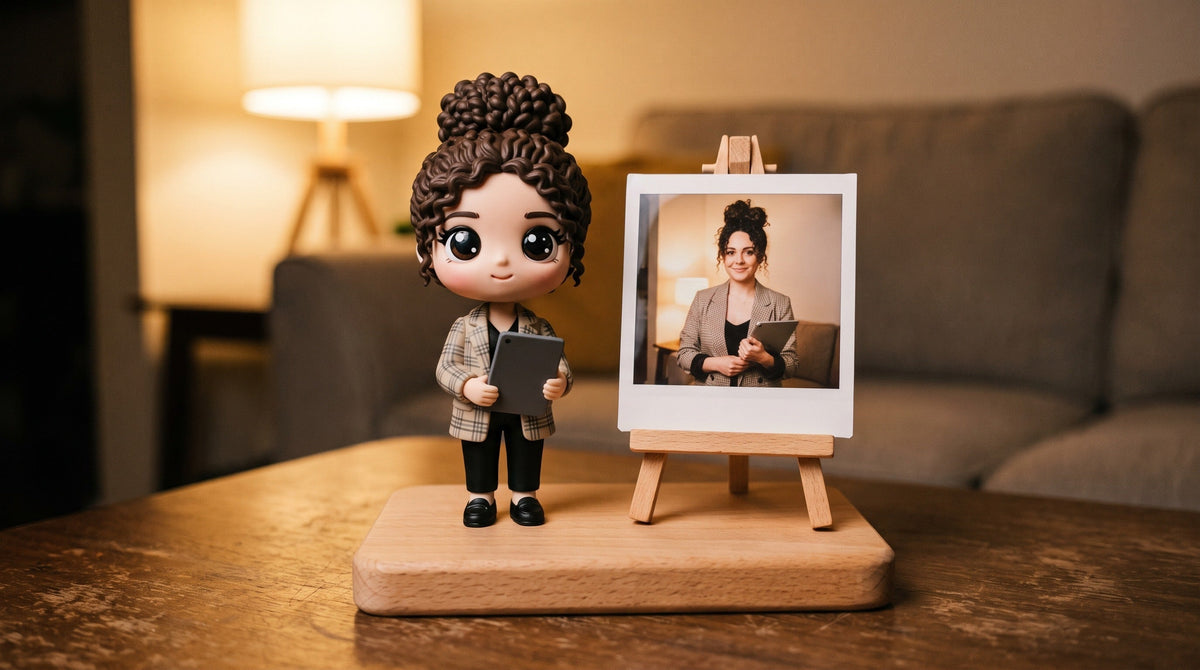Custom 3D printed figurine made from a photo standing beside the original photo card on a wood base