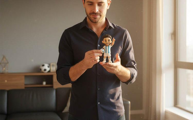 Custom 3D printed World Cup fan figurine displayed on a desk next to a football scarf, handcrafted keepsake for France and Argentina supporters