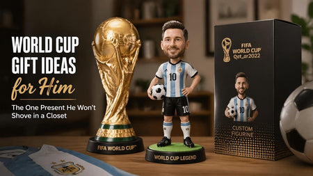 Custom 3D resin football figurine of a man in a soccer jersey, standing on a wood base next to a TV