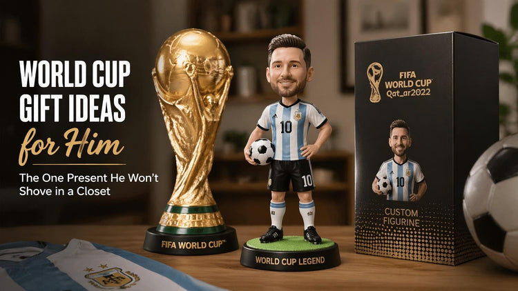 Custom 3D resin football figurine of a man in a soccer jersey, standing on a wood base next to a TV