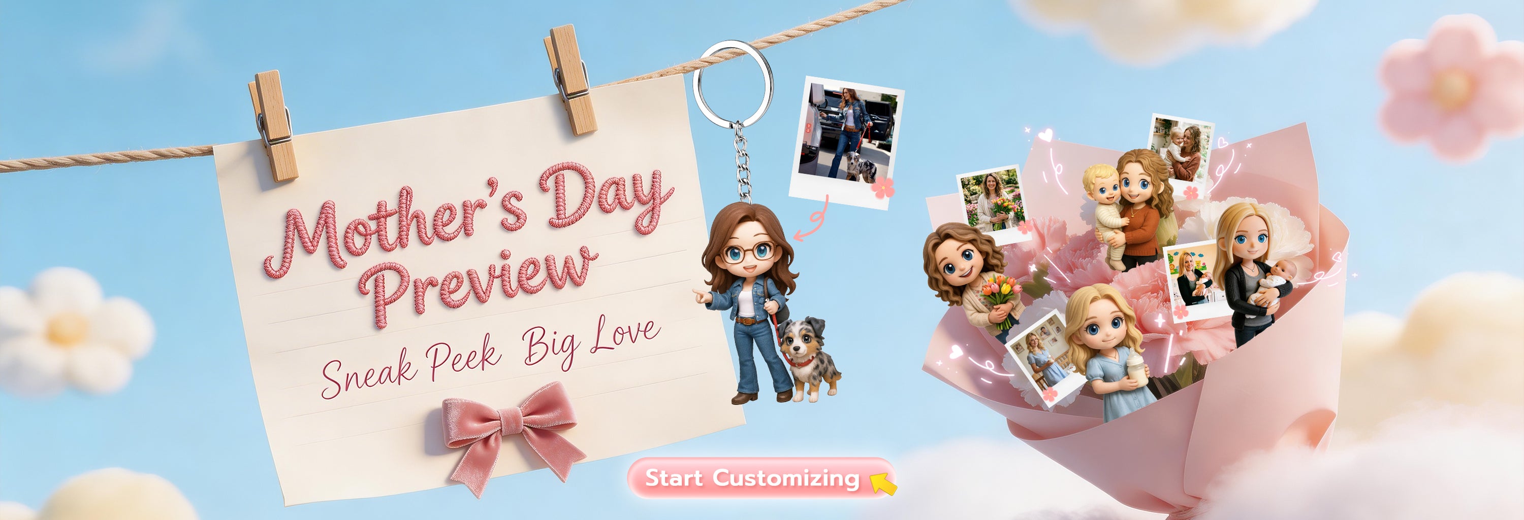 SnapFig Mother's Day sale banner featuring a custom 3D figurine of a mother and daughter, 15% off promotion