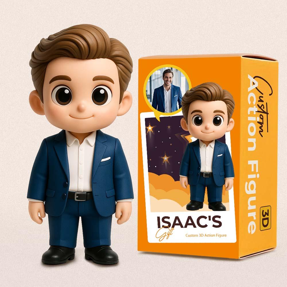 Custom action figure of a person in a blue suit with packaging labeled 'Isaac's Custom 3D Action Figure'.