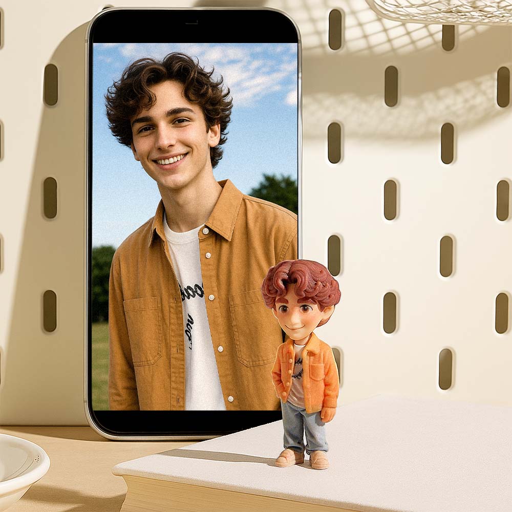Smartphone displaying a photo of a person with a small figurine below on a textured surface.