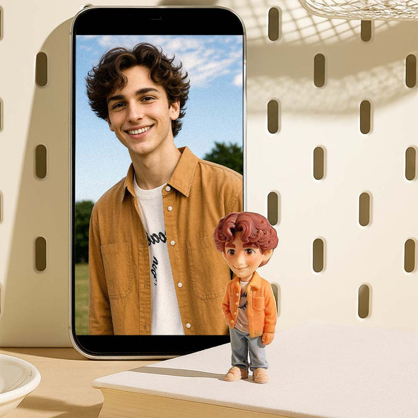 Smartphone displaying a photo of a person with a small figurine below on a textured surface.
