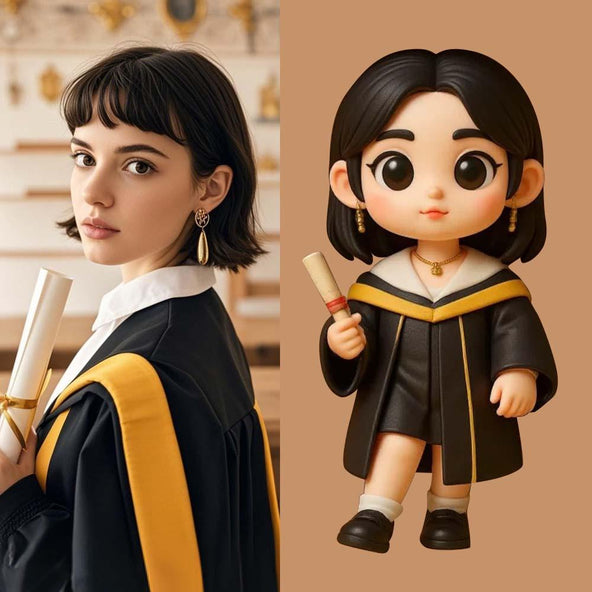 Real-life photo of a person in graduation gown on the left, and a cartoon figurine of the same person on the right.