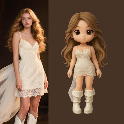 Realistic woman in a white dress next to a cartoon doll version of her with similar outfit.