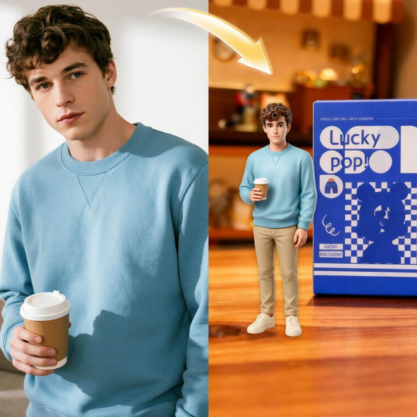 Person wearing a blue sweater holding a coffee cup, next to a toy figure of the same person with a 'Lucky Pop' box.
