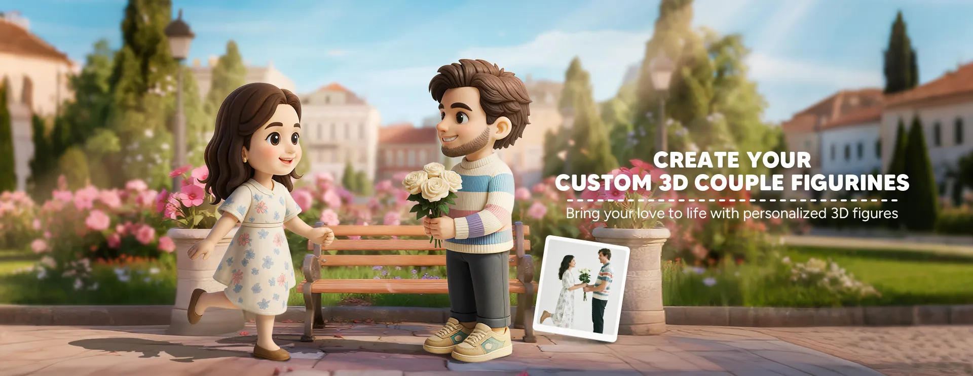 Custom 3D couple figurines in a garden setting with text overlay.