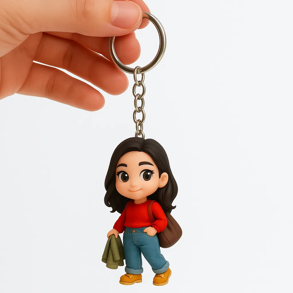 Keychain with a figurine of a person wearing a red shirt and blue jeans, held by a hand against a white background.