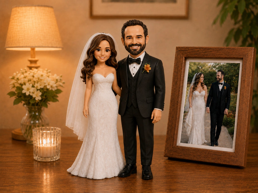 Custom wedding couple statues displayed beside a framed wedding photo