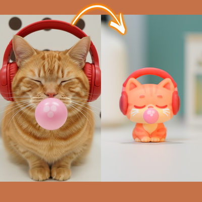 Cat with red headphones and a cat figurine with red headphones and pink bubble gum.