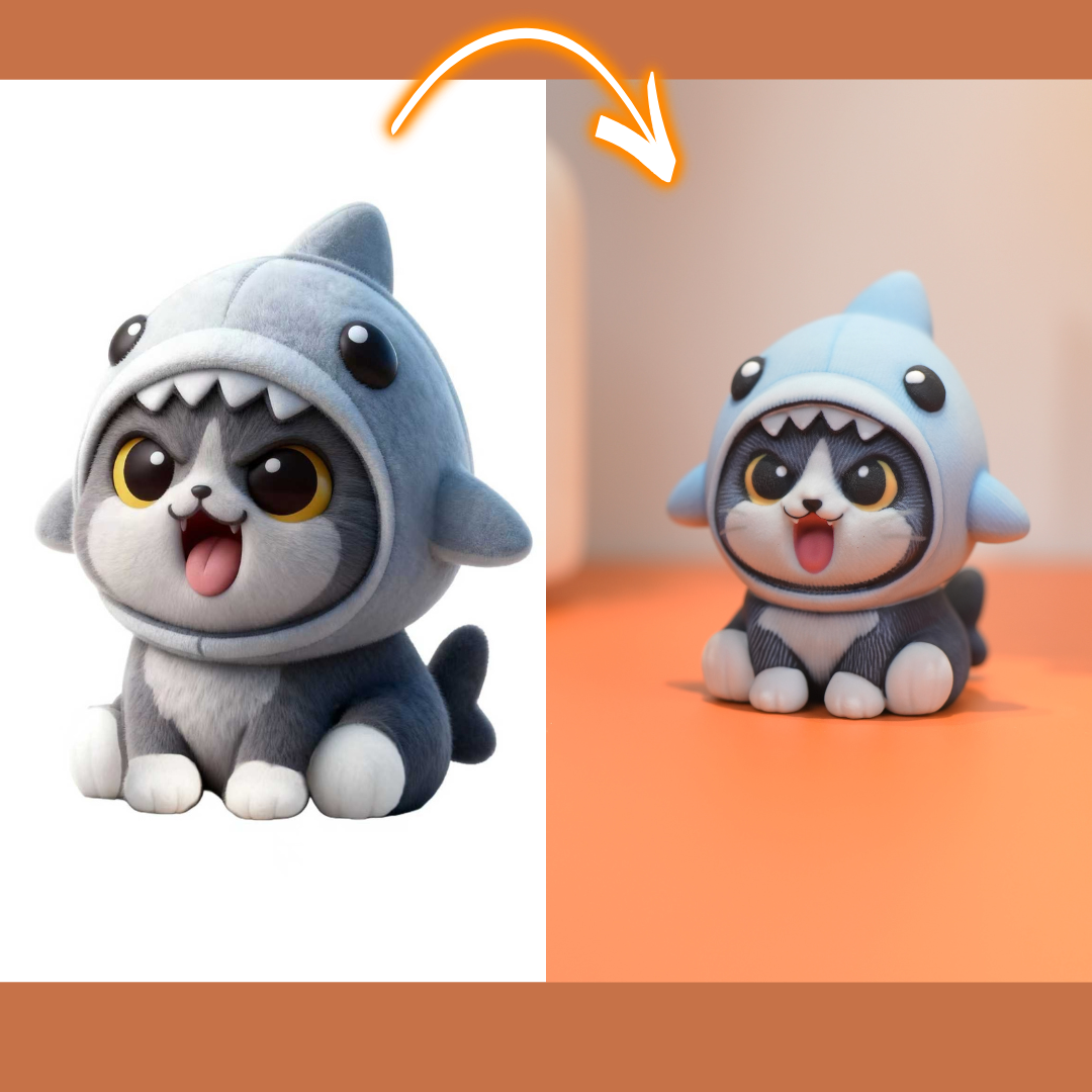 Cute animal figurine wearing a shark costume on a white and orange background