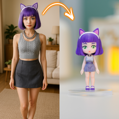 Person with purple hair and cat ears next to a toy figure with similar features