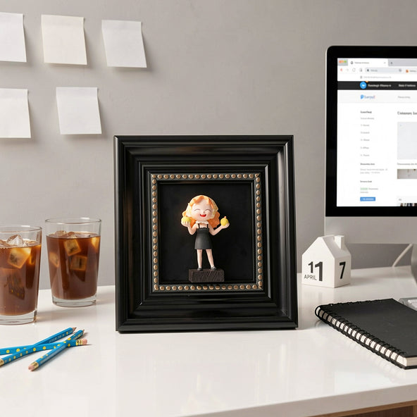 Main view of the SnapFig floating figurine display frame made of premium wood holding a custom 3D figure