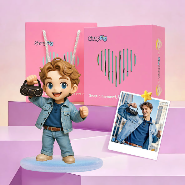 Premium custom 3D figurine inside an elegant blue gift box