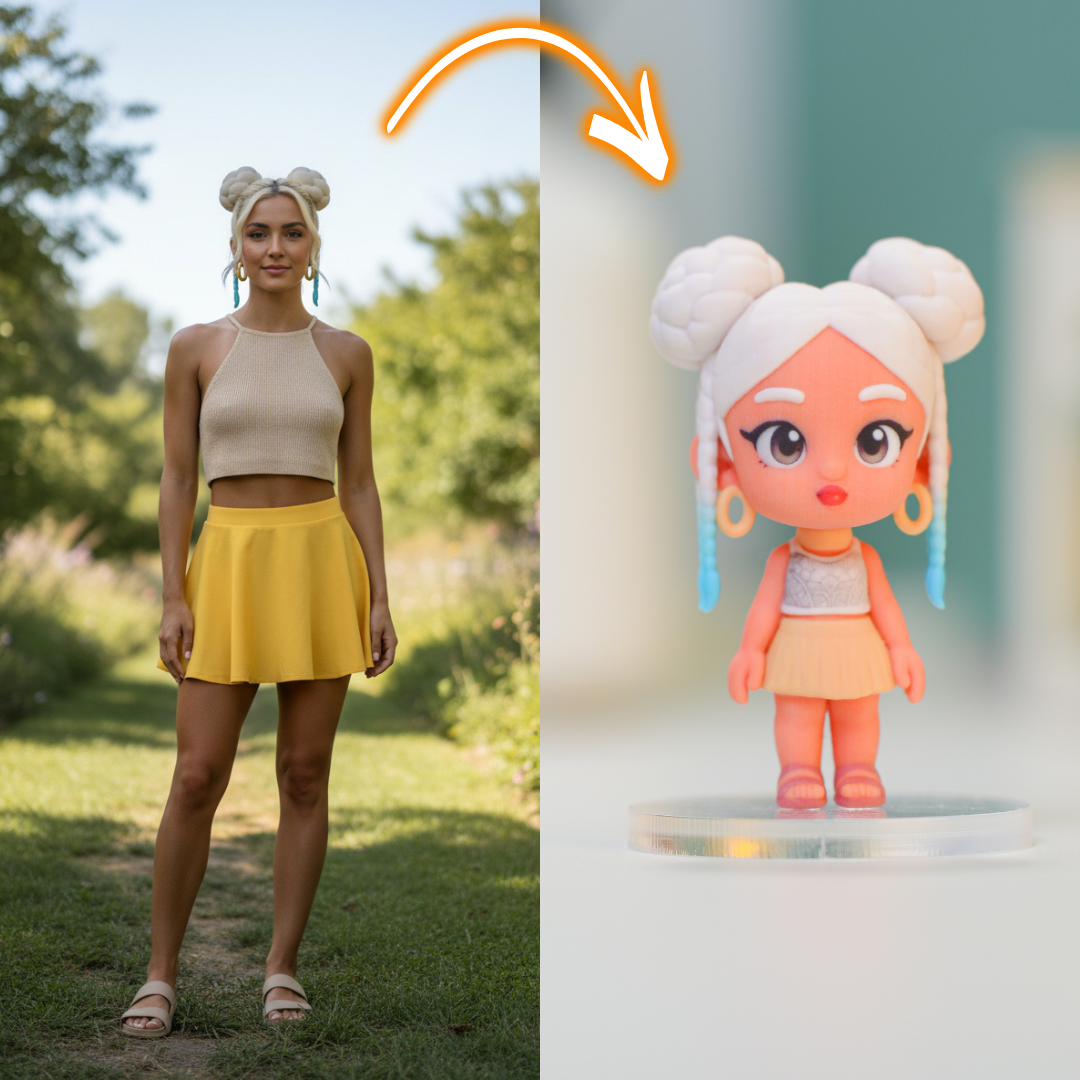 Person in a yellow skirt and beige top next to a toy figure of the same person outdoors.