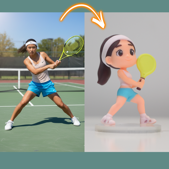 Real-life tennis player on a court next to a cartoon figurine of the same player.
